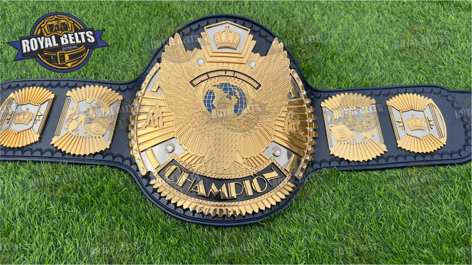 Crown Hybrid Wing Eagle HD CNC Title Belt 24K dual plated belt with stacked metal plates and premium finish Designed by Royal Belts