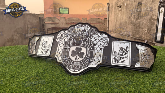 Custom Tattoo Studio Championship title belt with CNC engraved skull plates, black leather strap, snap closure Manufacture by Royal Belts