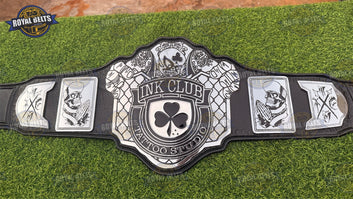 Custom Tattoo Studio Championship HD CNC belt featuring tattoo style etching and premium leather backing Manufacture by Royal Belts