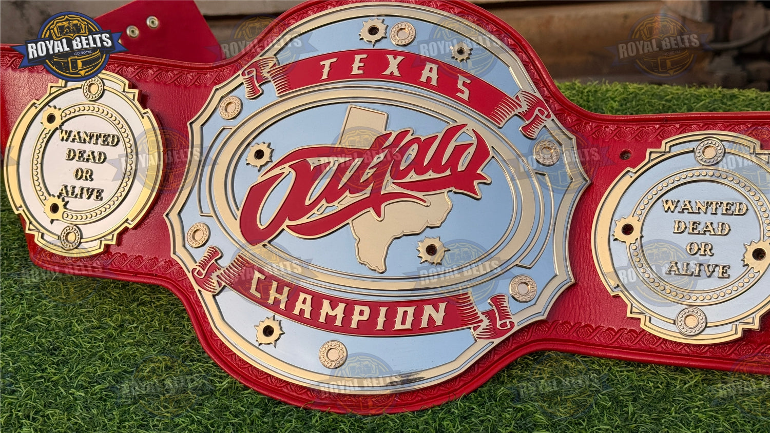 Texas Championship Title Belt with thick CNC cut gold plates and stitched leather backing Designed by Royal Belts
