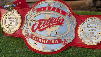 Texas Championship Title Belt with thick CNC cut gold plates and stitched leather backing Designed by Royal Belts