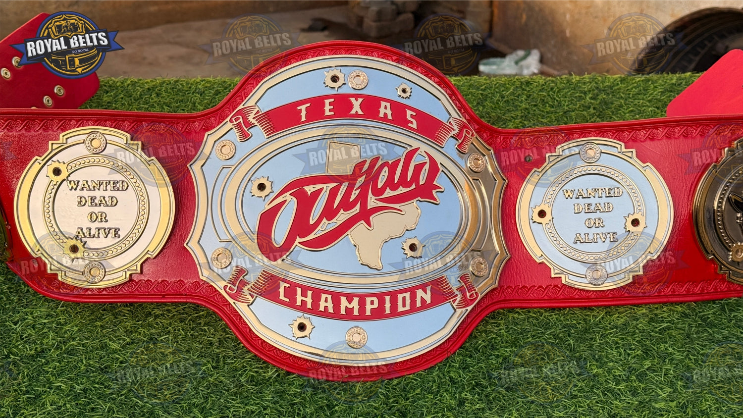 Custom Texas Championship Belt showcasing raised lettering , detailed engraving Crafted by Royal Belts