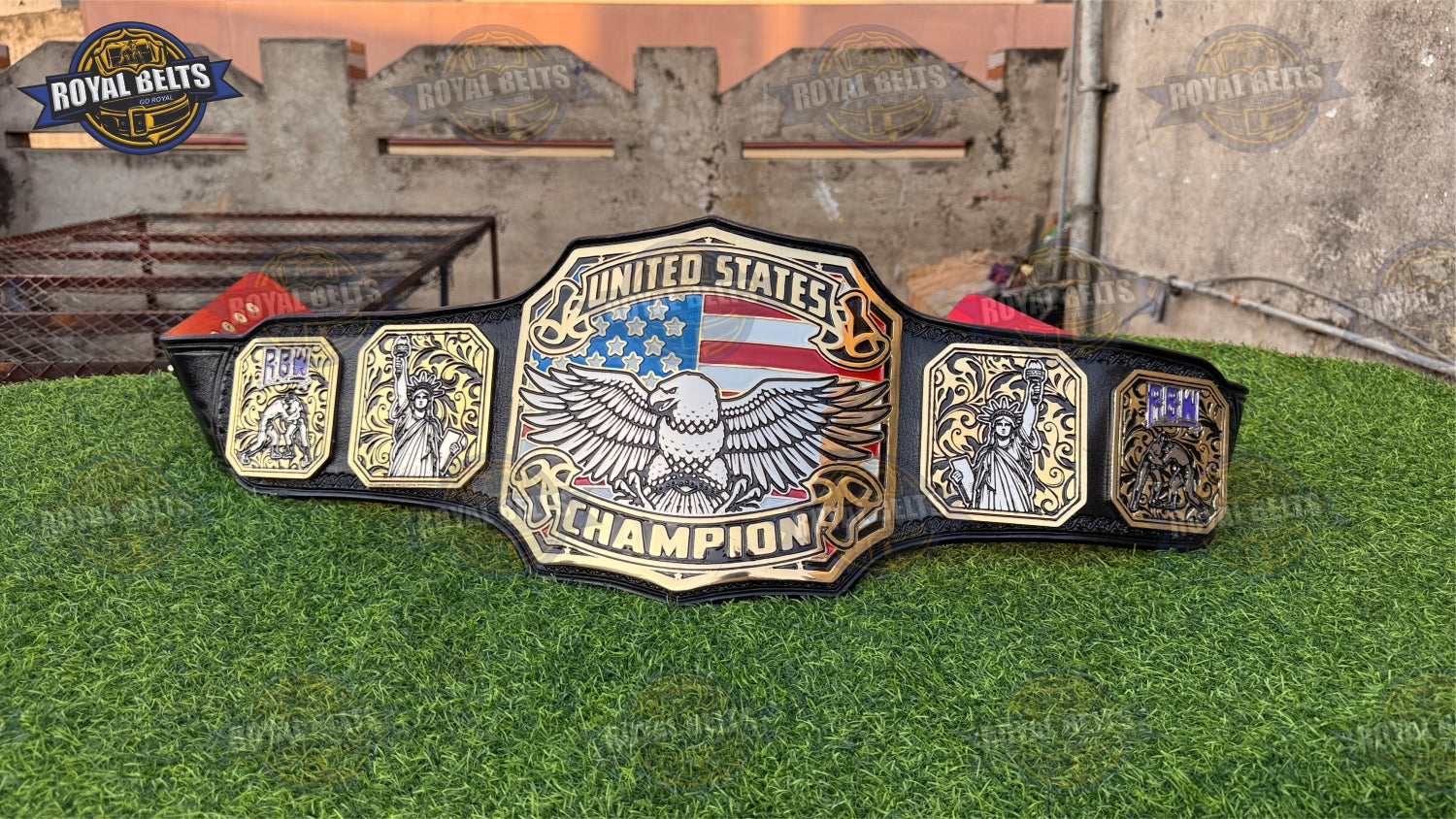 United States Wrestling Championship Title Belt gold center plate with black stitched leather strap Designed by Royal Belts