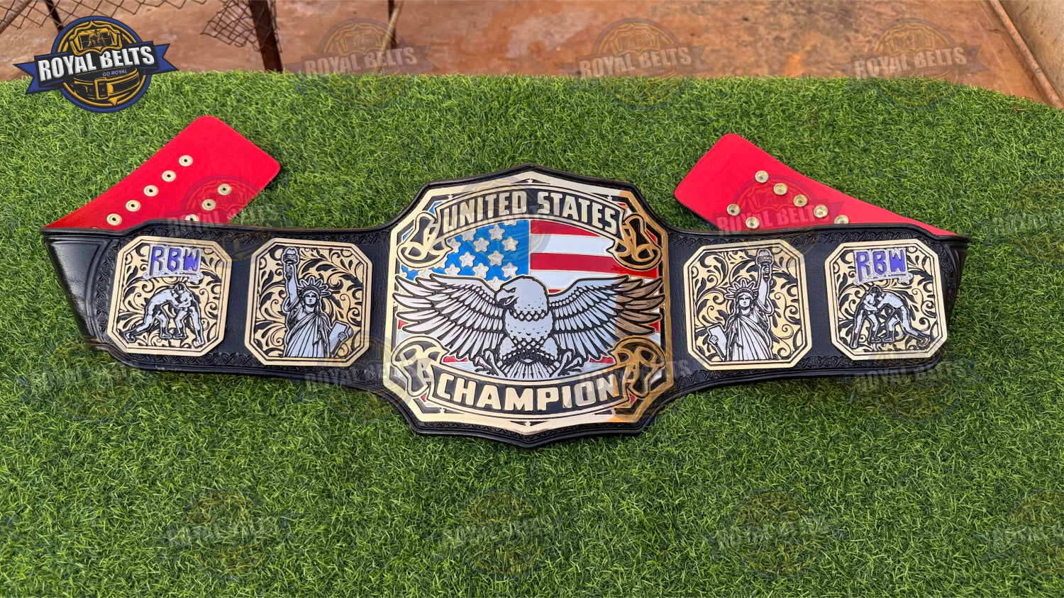 United States Wrestling Championship Title Belt high relief engraved eagle on polished gold centerpiece Crafted by Royal Belts