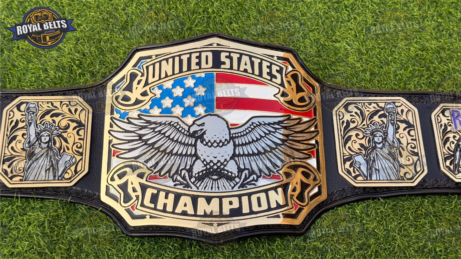 US Title Belt beveled gold edges with bold engraved side plates with stitched leather backing Manufacture by Royal Belts