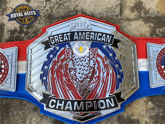 PWA Great American Belt, HD CNC engraved plates, polished chrome finish, multi color leather strap Made by Royal Belts
