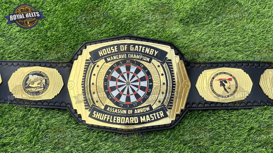 Darts Royal Rumble custom championship belt with dartboard center plate, gold plated metal, black leather Made by Royal Belts
