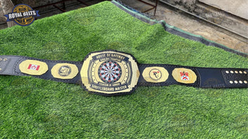 Darts Royal Rumble title belt featuring engraved dartboard design, polished brass plates, snap leather strap Made by Royal Belts