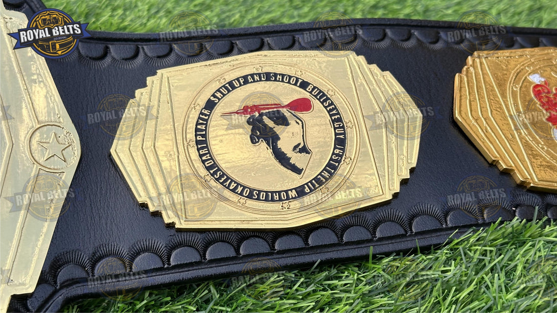 Darts Royal Rumble title belt with bold dart logo, ornamental side ...