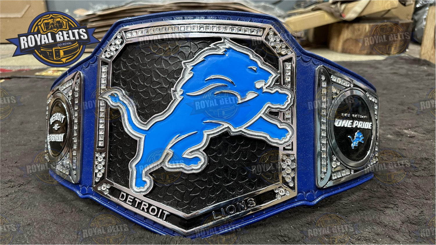 Detroit Lions Football Title Belt zinc plated belt with stacked metal plates and custom team design Handmade by Royal Belts