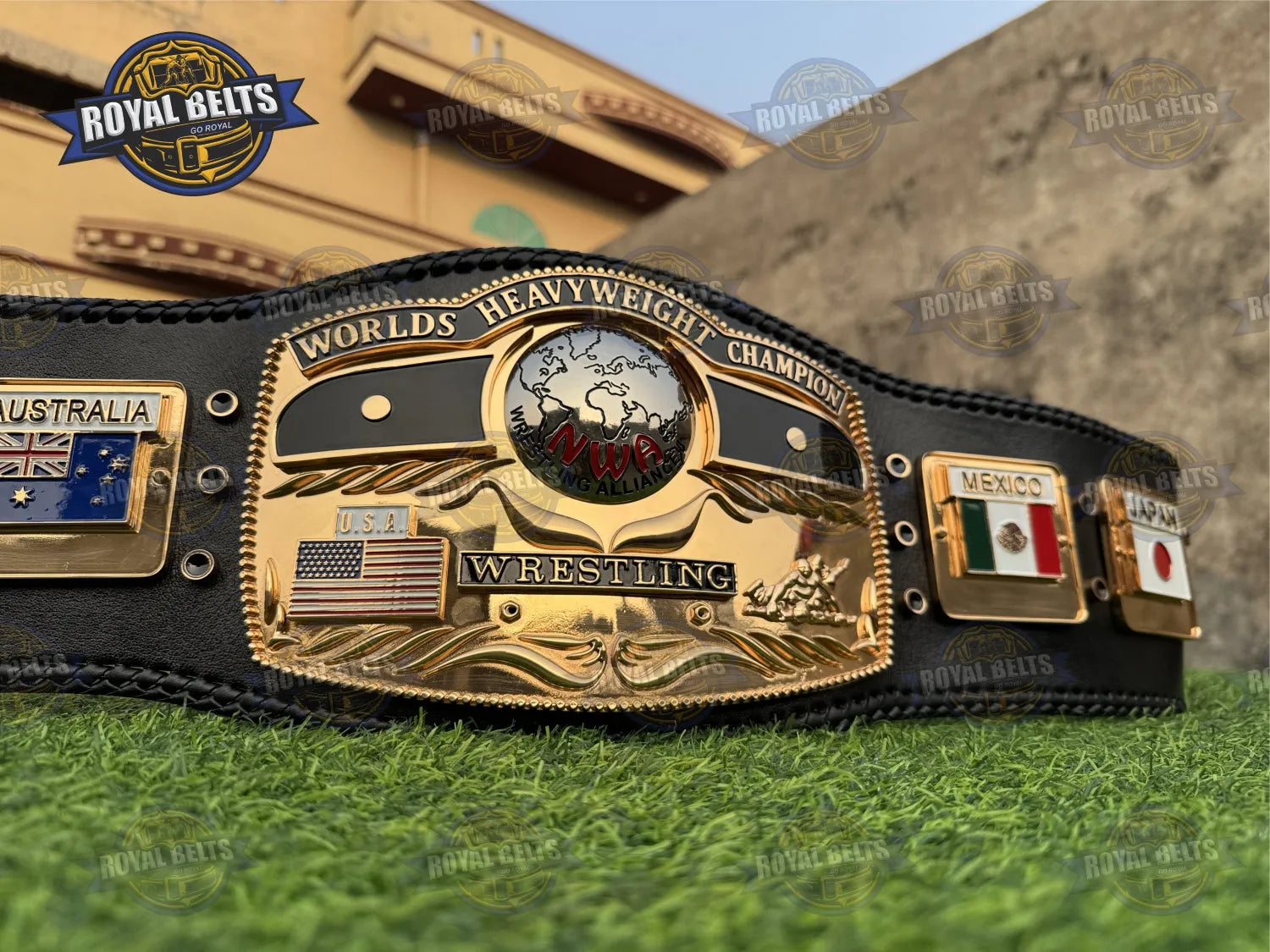 Domed Globe Ric Flair HD CNC Championship Title Belt gold domed center plate with black stitched leather strap Designed by Royal Belts
