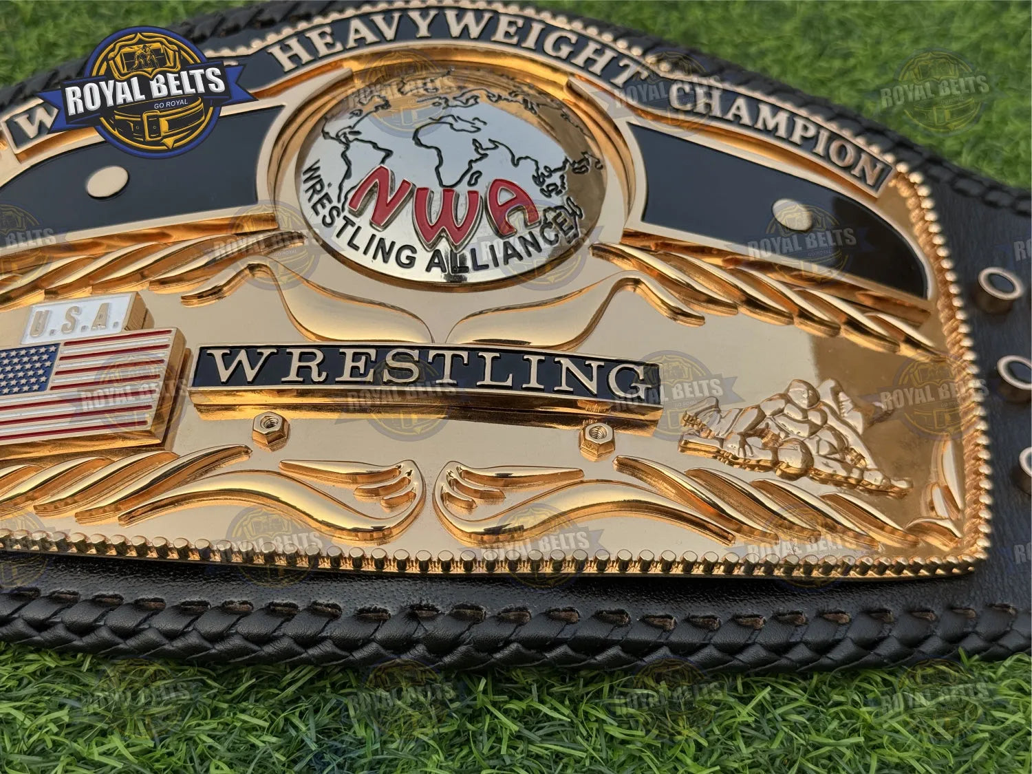 Domed Globe Ric Flair HD CNC Championship Title Belt engraved side plates with ornate high definition detailing