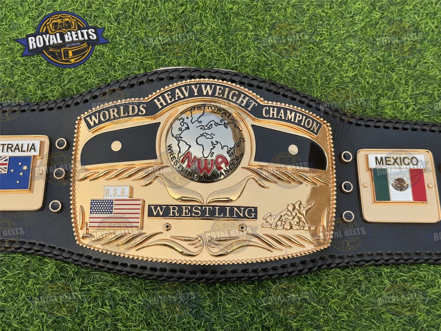Domed Globe Ric Flair HD CNC Championship Title Belt featuring deep etched Ric Flair emblem on polished metal plate Designed by Royal Belts