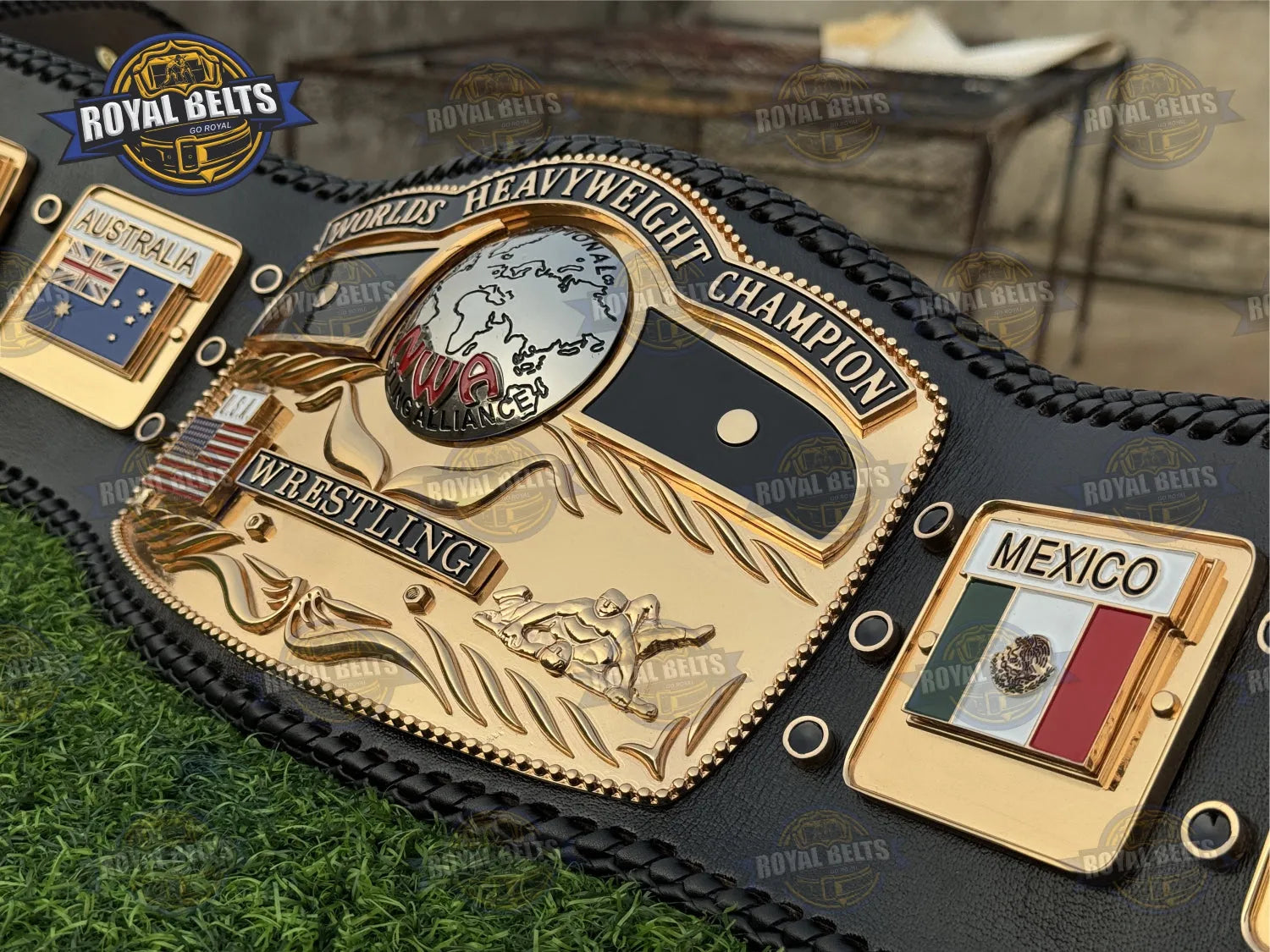 Domed Globe Ric Flair HD CNC Championship Title Belt with raised lettering and smooth premium cowhide leather backing Designed by Royal Belts