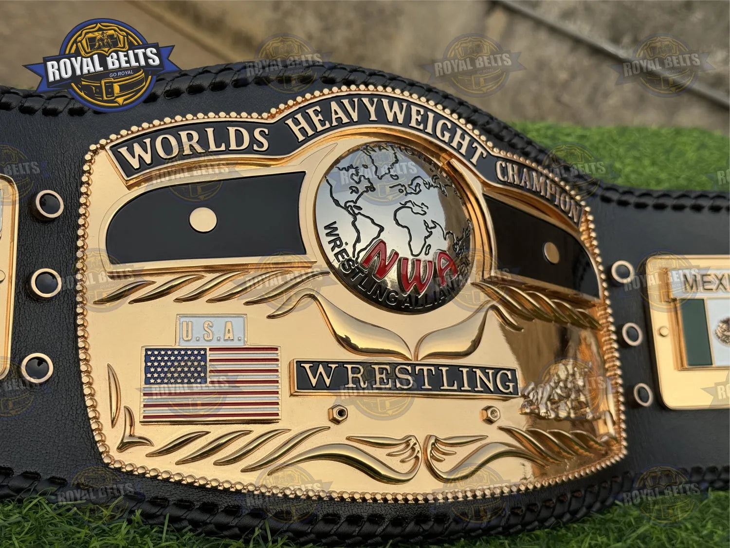 Domed Globe Ric Flair HD CNC Championship Title Belt heavyweight domed gold plate with intricate engraved borders