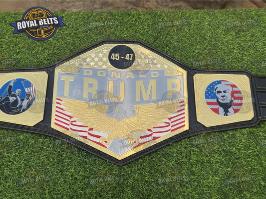 Donald Trump Custom Championship Title Belt gold plates, black leather strap, HD CNC engraved, snap closure Made by Royal Belts