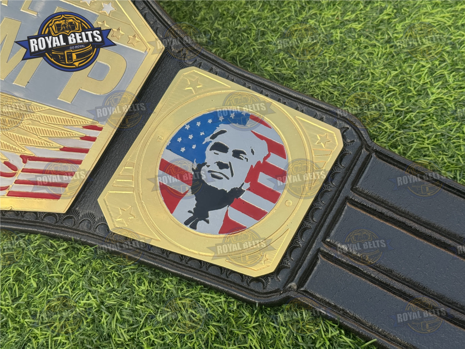 Donald Trump Custom Championship Title Belt made from solid metal plates with stitched leather rear