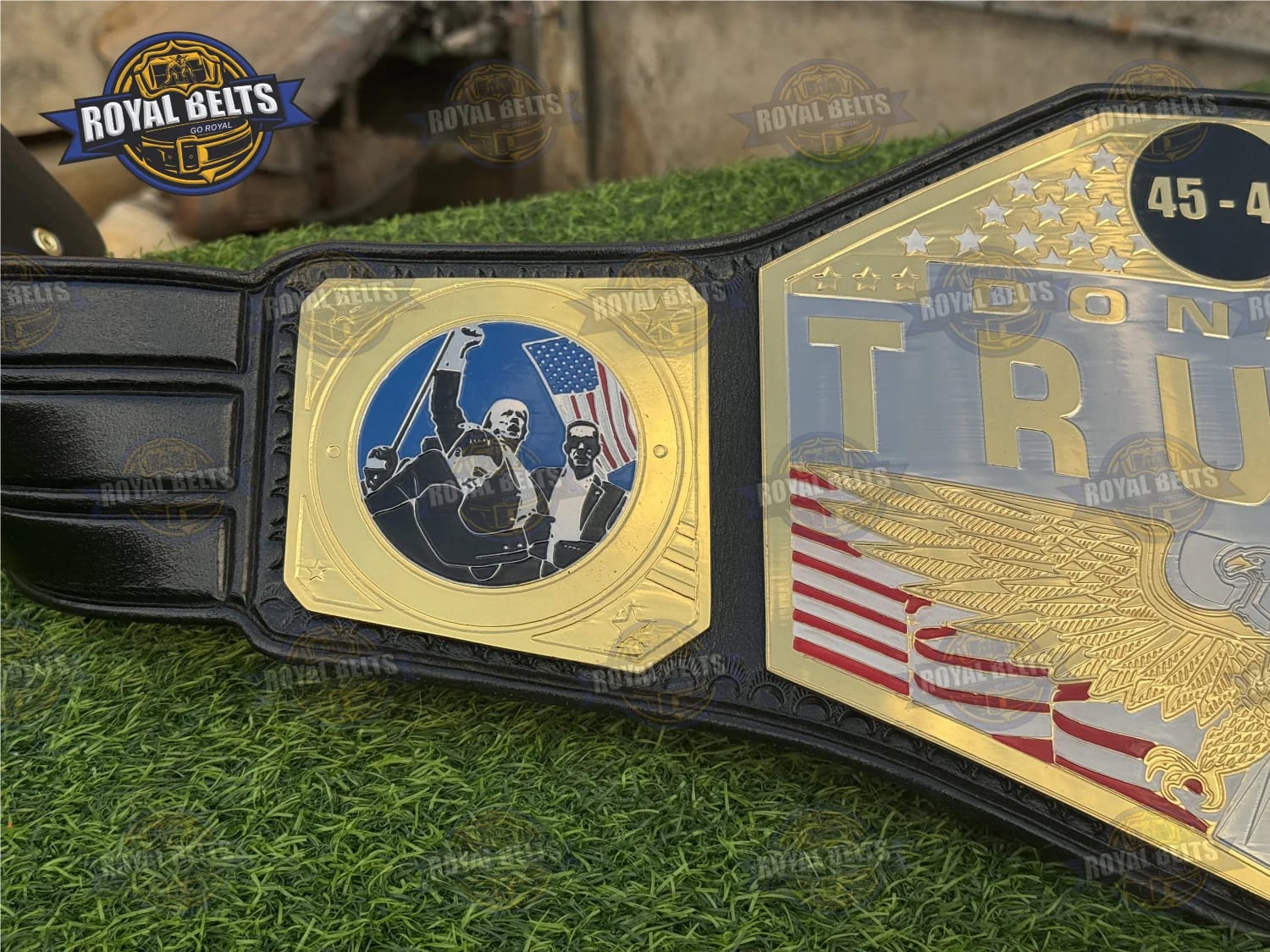 Donald Trump Custom Championship Title Belt precision cut HD CNC metal plates with reinforced snaps