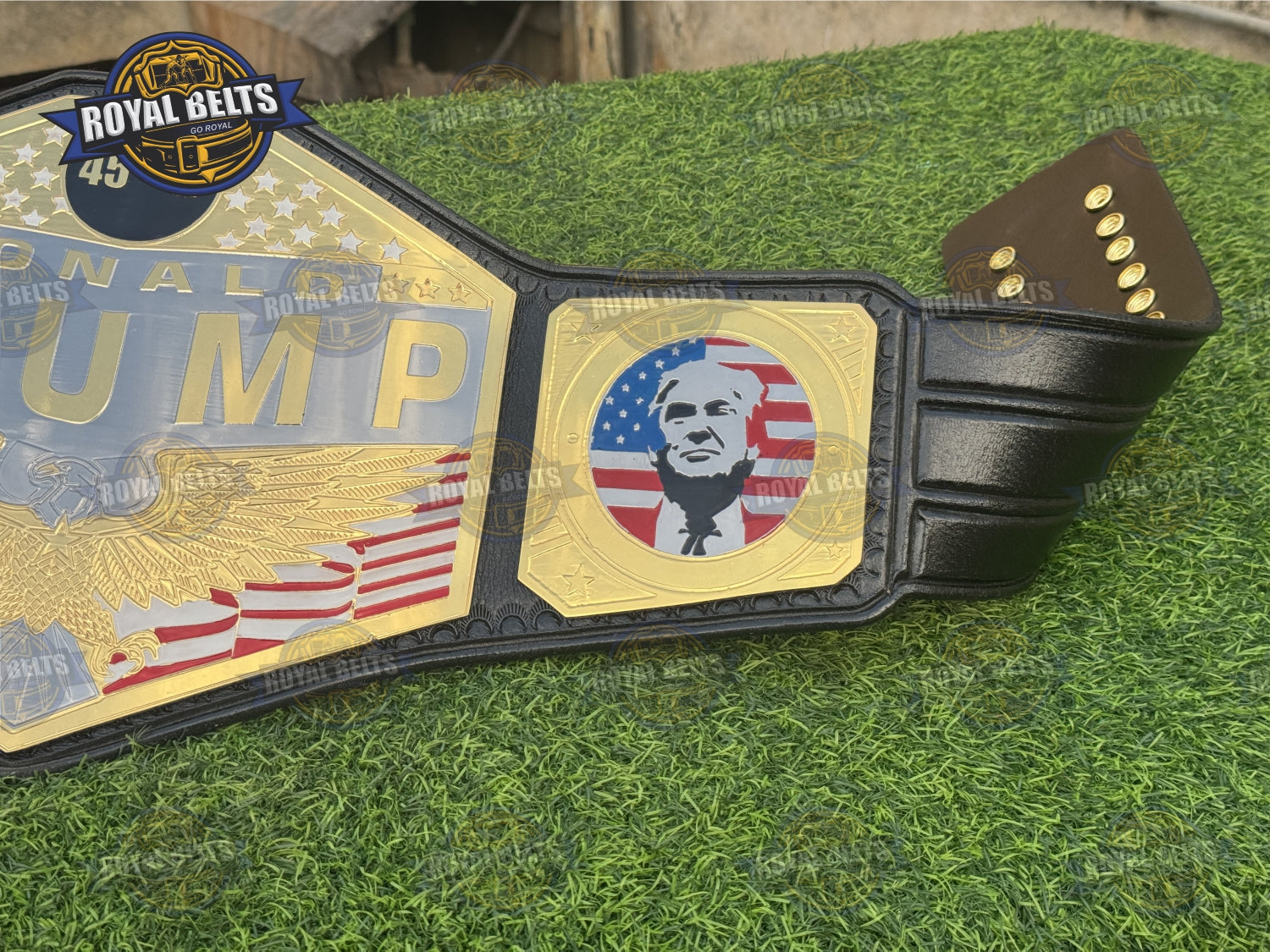 Donald Trump Custom Championship Title Belt with luxury gold tone, flexible leather fit, and engraved sides Made by Royal Belts
