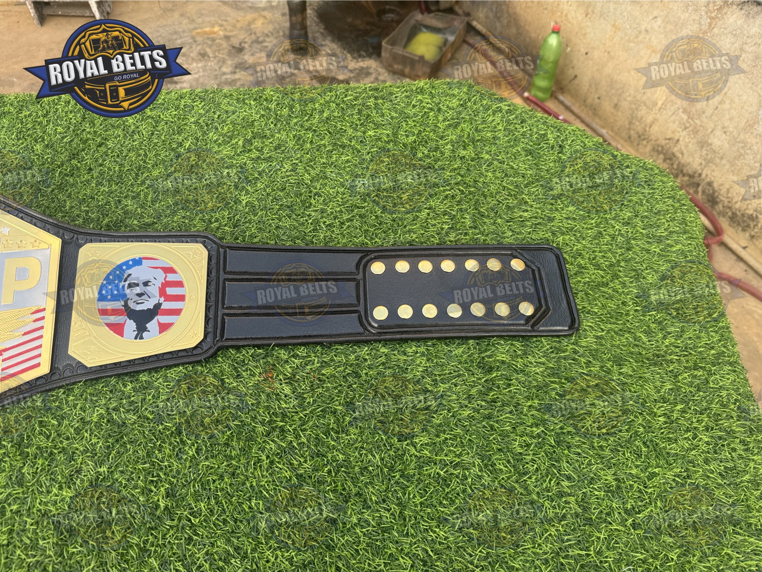 Donald Trump Custom Championship Title Belt displaying custom Trump logo etched on thick metal plates