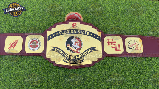 Florida State Seminoles national championship belt with gold plates, garnet leather strap Manufacture by Royal Belts