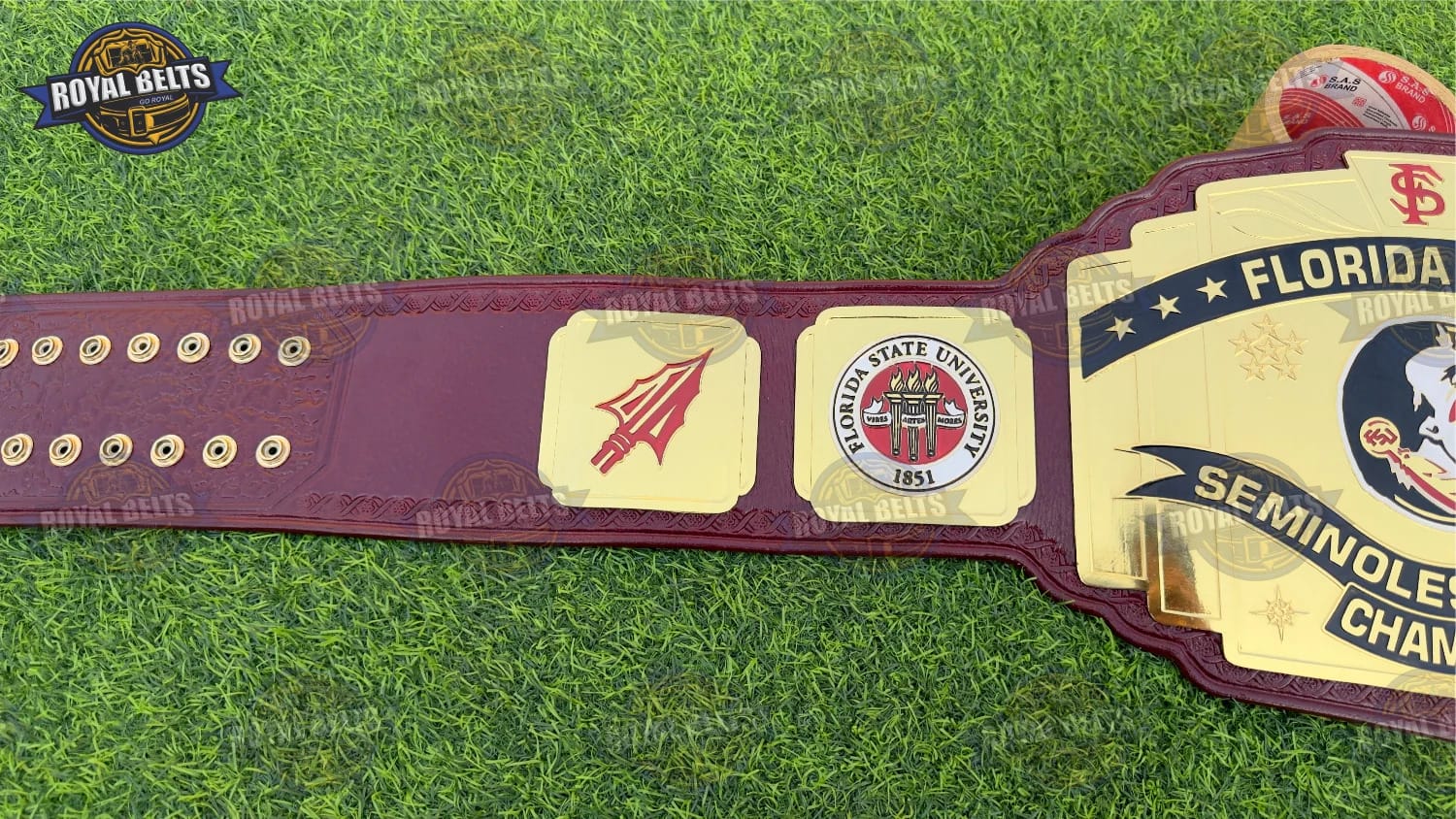 Florida State national title belt featuring engraved center plate and polished gold finish Handmade by Royal Belts