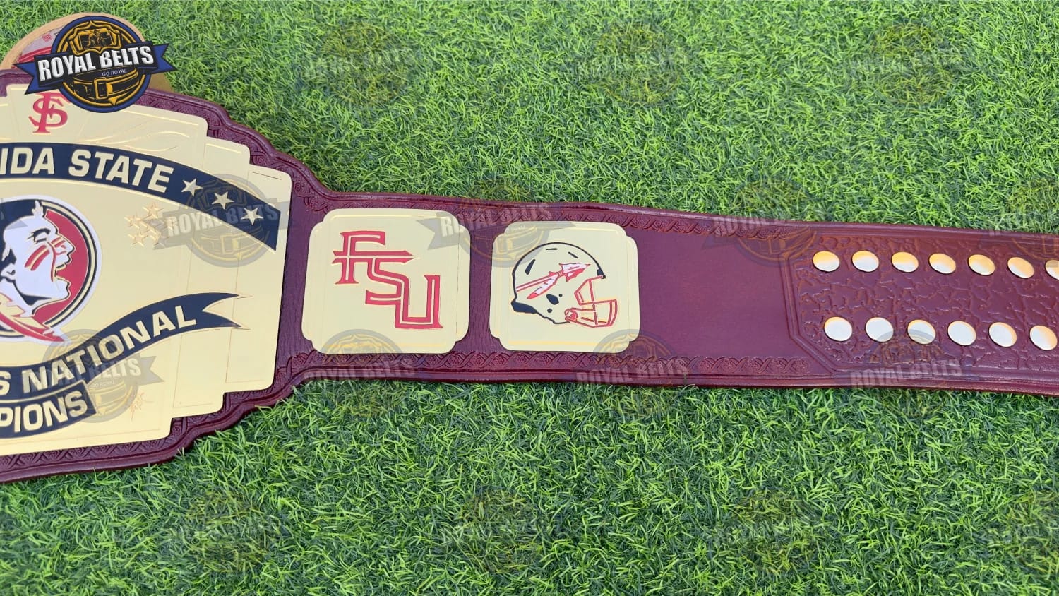 FSU championship belt replica with layered metal plates and adjustable snap closure Crafted by Royal Belts