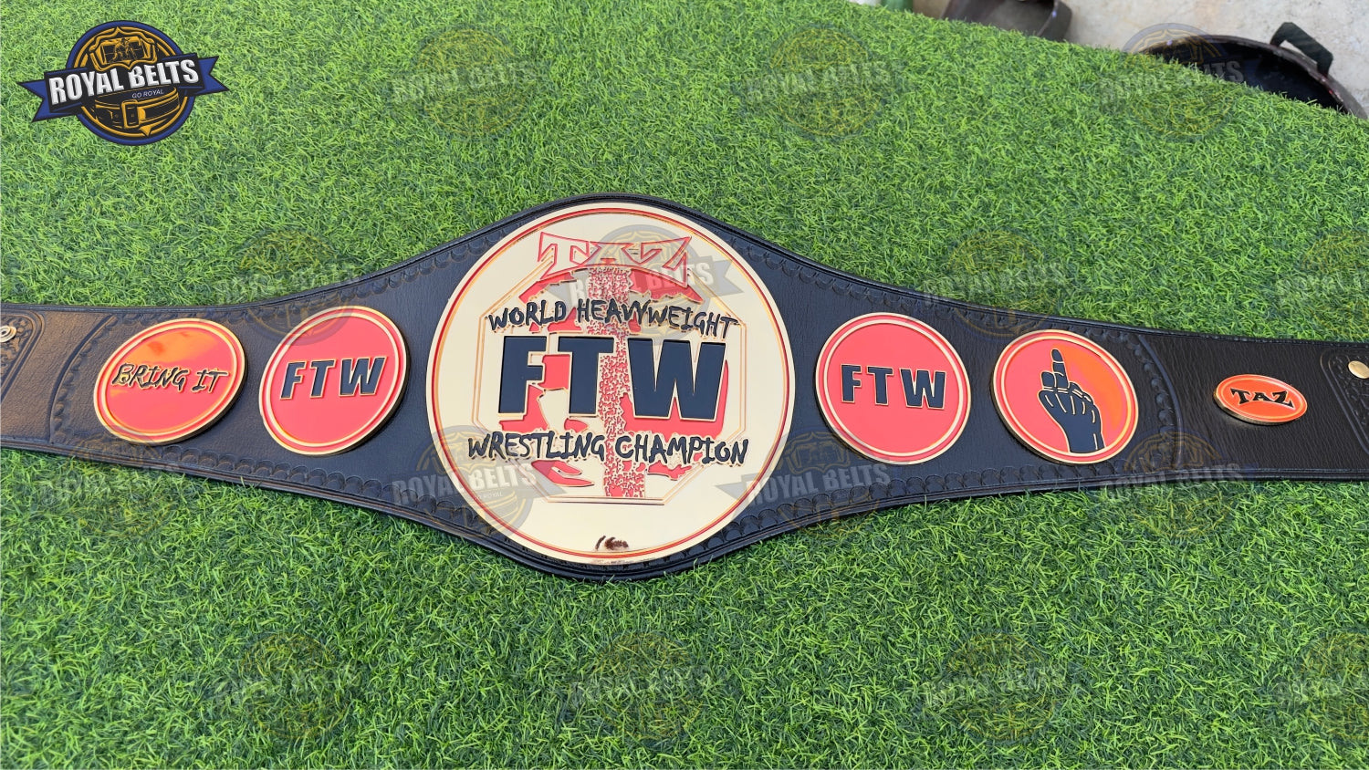 TAZ FTW World Heavyweight belt CNC with engraved plates and black leather strap Manufacture by Royal Belts