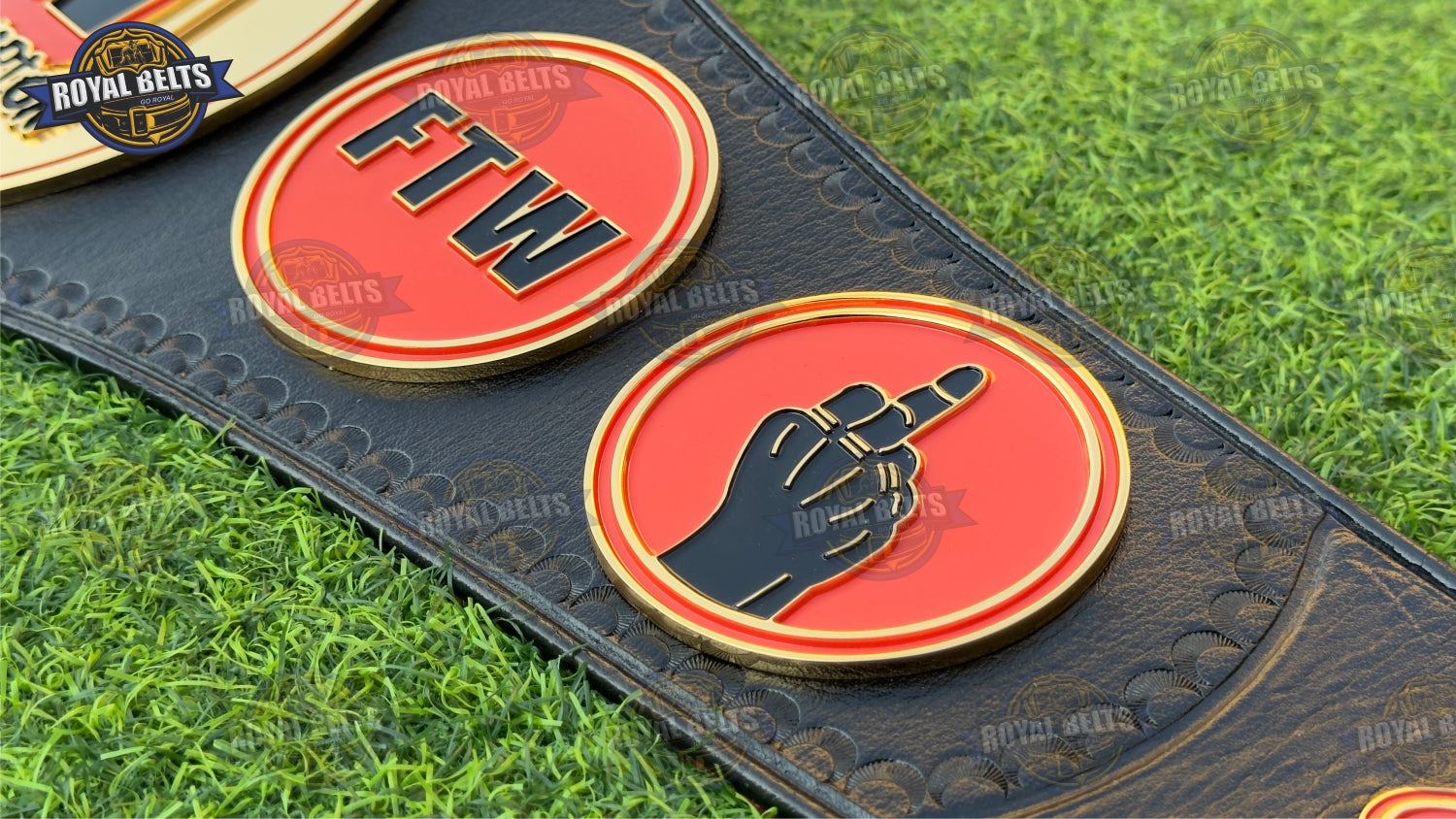 FTW CNC championship belt replica with thick metal plates and flexible adult sizing