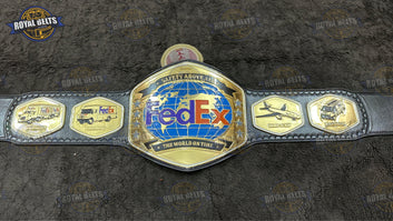 FedEx custom championship belt featuring engraved center logo and polished gold finish Handmade by Royal Belts