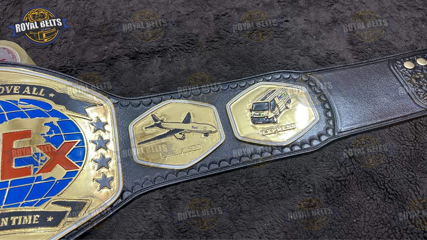 FedEx corporate championship title belt with layered metal plates and snap closure Handmade by Royal Belts