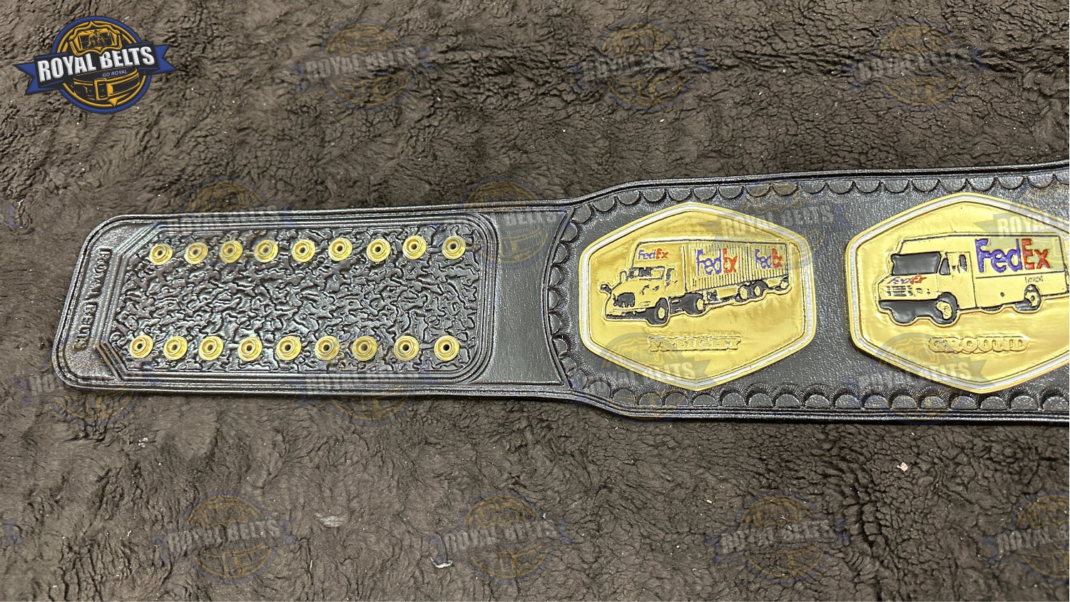 Custom FedEx award belt crafted with zinc alloy plates and smooth leather backing Manufacture by Royal Belts