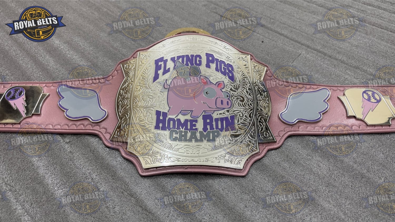 Custom Flying Pigs belt featuring layered metal plates and adjustable snap closure Handmade by Royal Belts