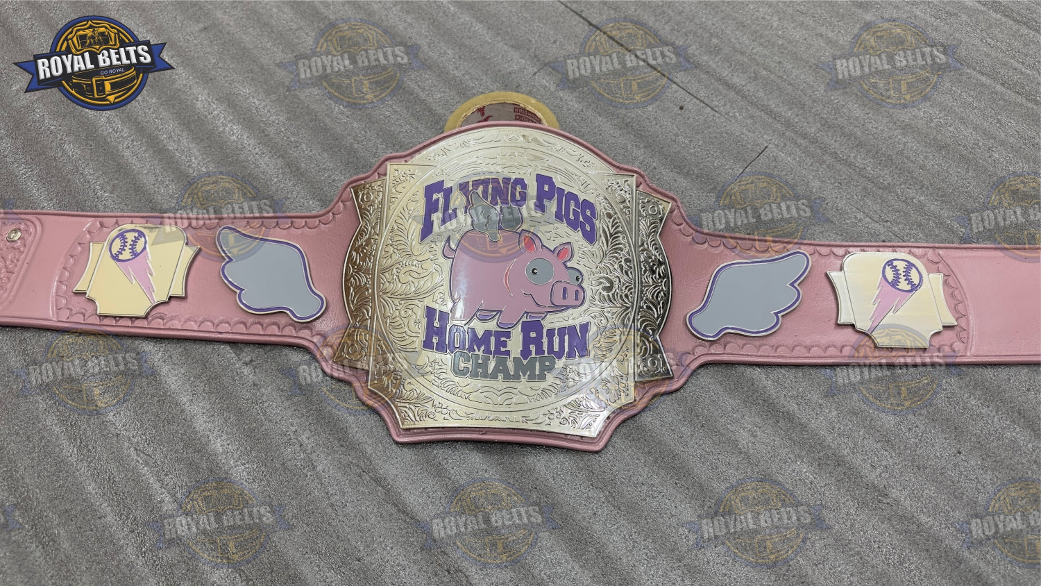 Flying Pigs title belt with polished gold finish and premium stitched leather backing Crafted by Royal Belts