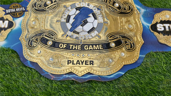 Custom football championship belt featuring layered metal plates and adjustable snap closure Crafted by Royal Belts