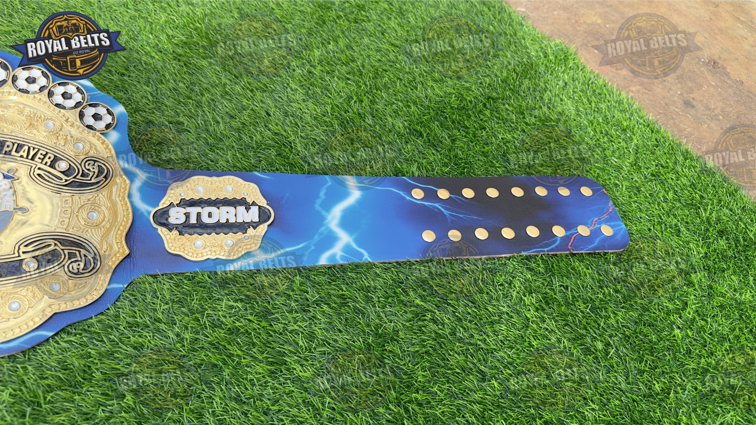 Football title belt with raised lettering and curved heavyweight metal plates