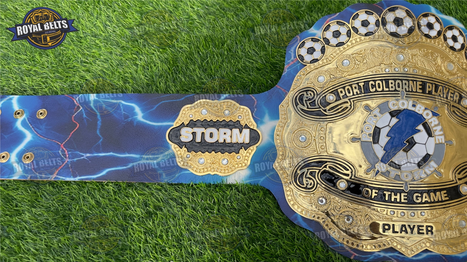 Custom football belt designed with deep etched plates and flexible adult waist sizing