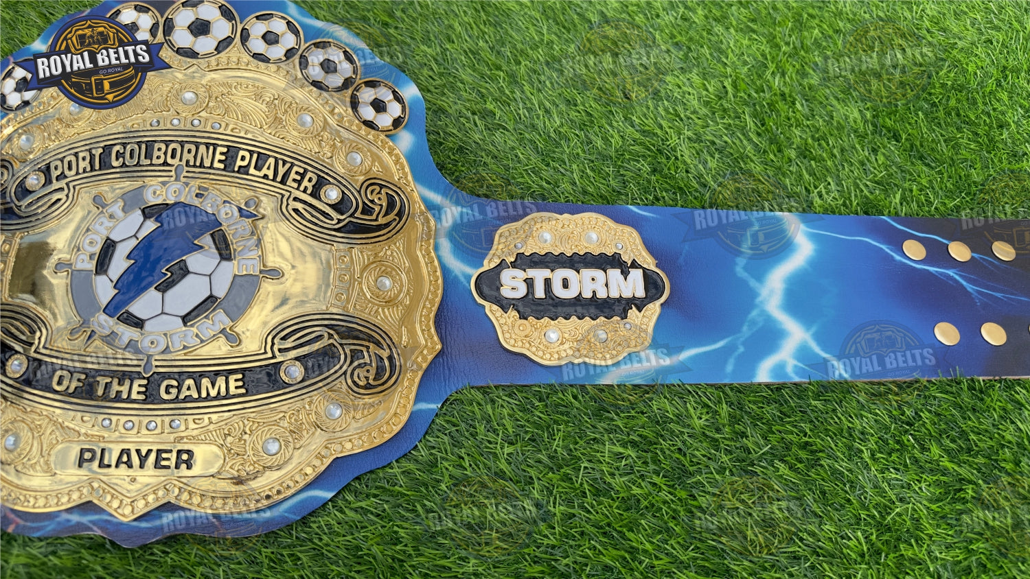 Football champion belt with premium leather strap and high shine gold plating