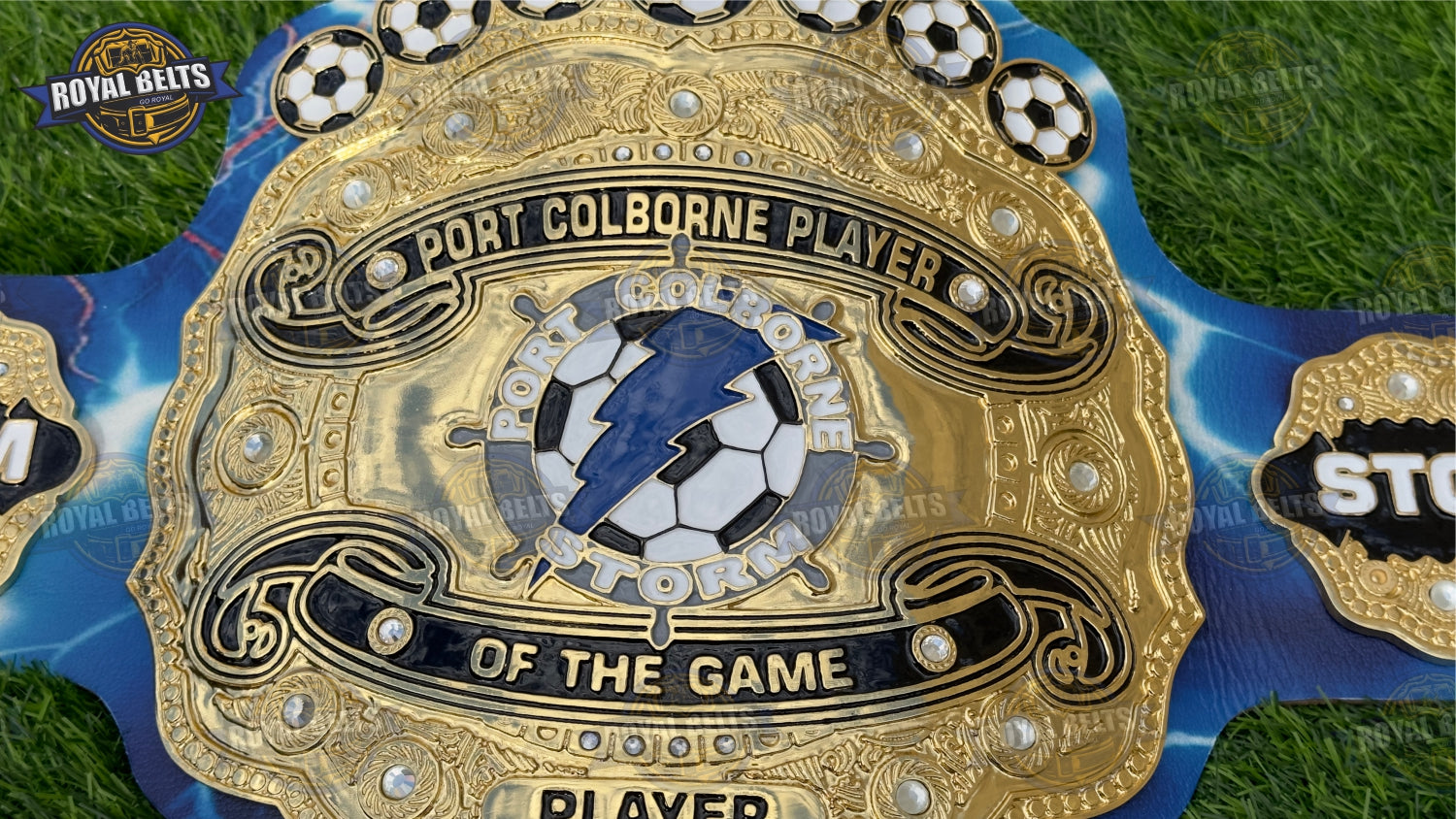 Custom football title belt showcasing bold center plate and reinforced snaps