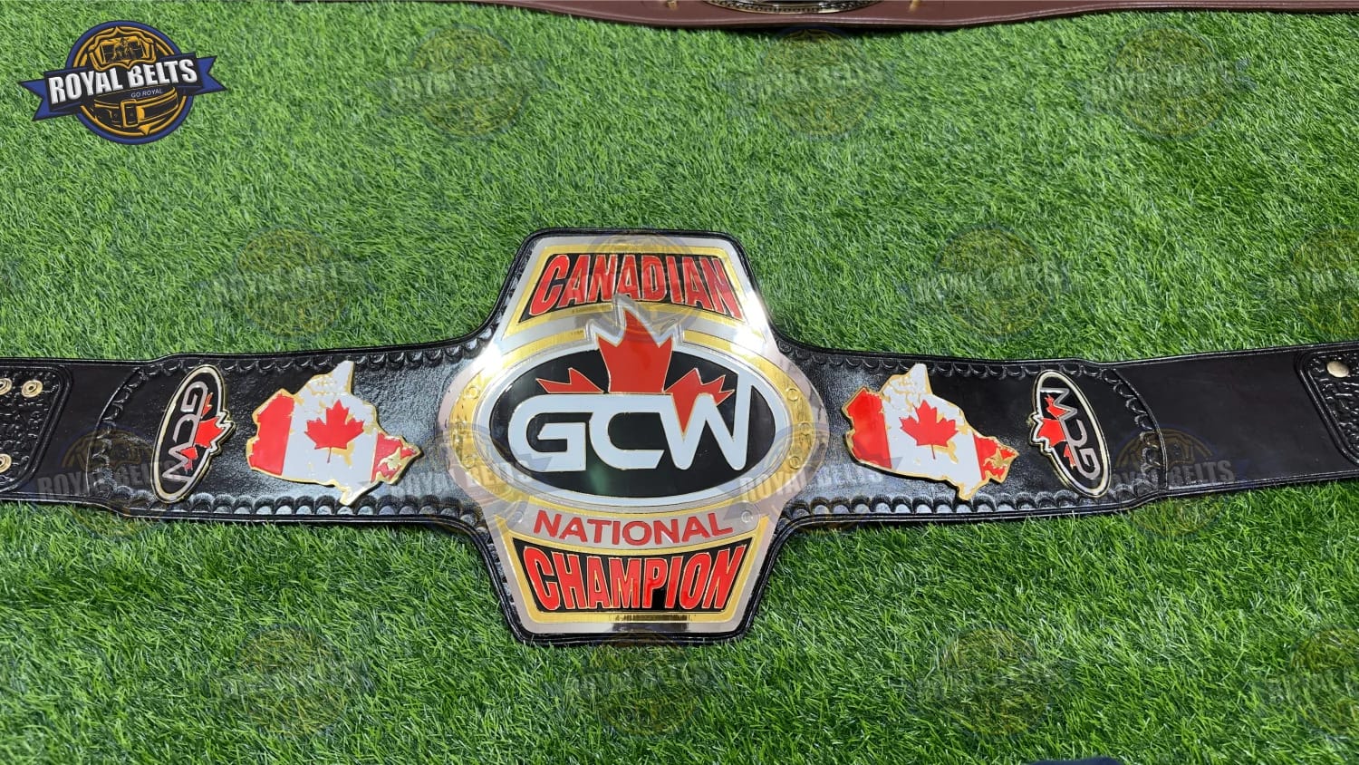GCW Canadian National Championship belt with dual plates and black leather strap Manufacture by Royal Belts