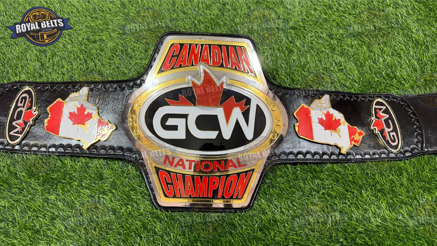 GCW Canadian National belt with thick metal plates and flexible adult waist fit