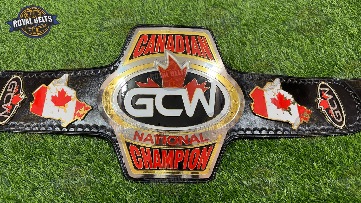 GCW Canadian National title belt featuring engraved center plate and polished dual finish Handmade by Royal Belts