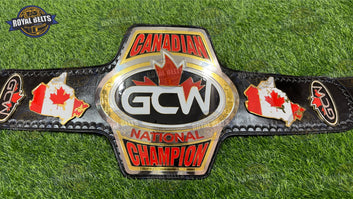 GCW Canadian National title belt featuring engraved center plate and polished dual finish Handmade by Royal Belts