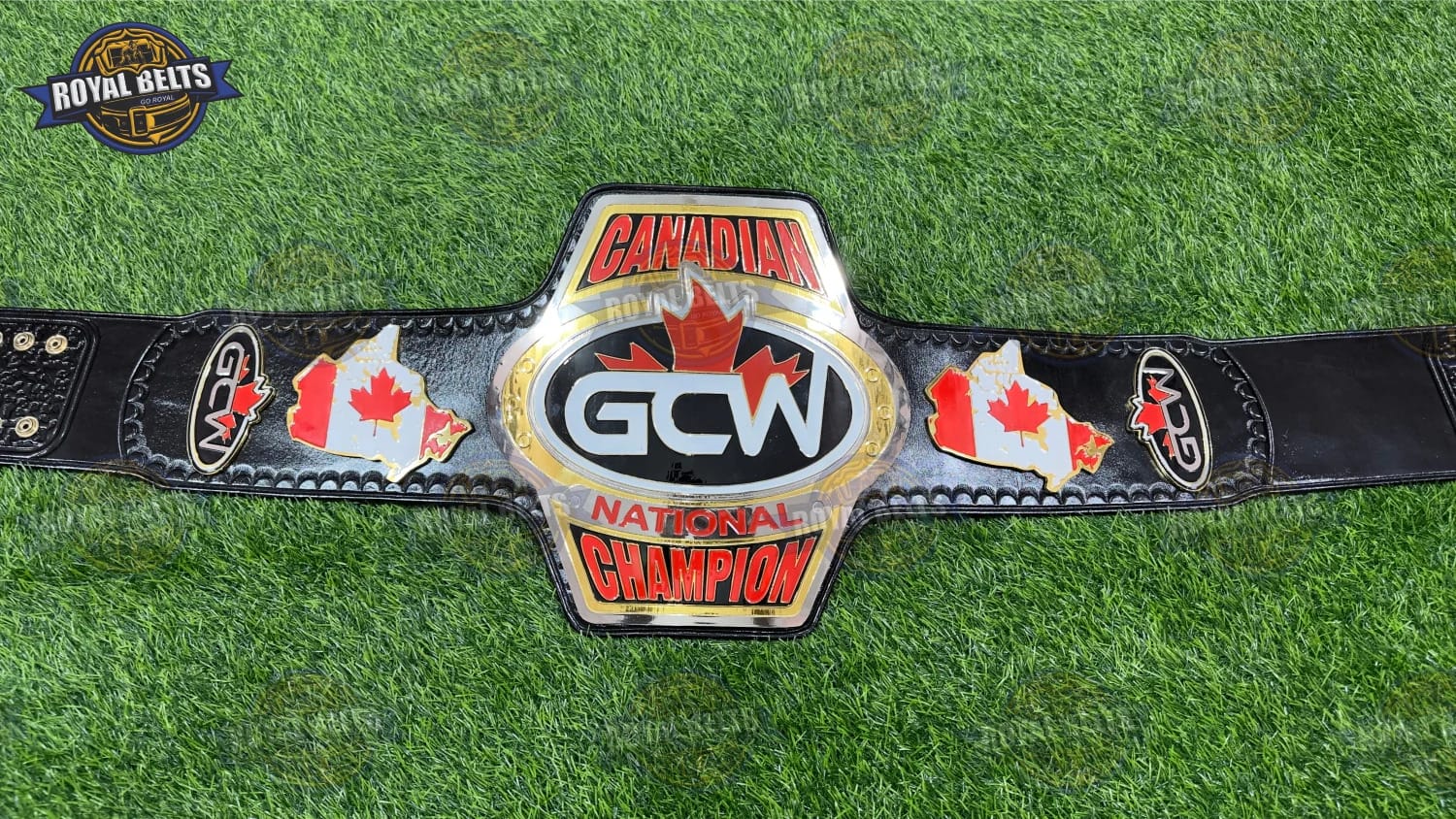 GCW Canadian National belt with layered metal plates and snap closure Crafted by Royal Belts