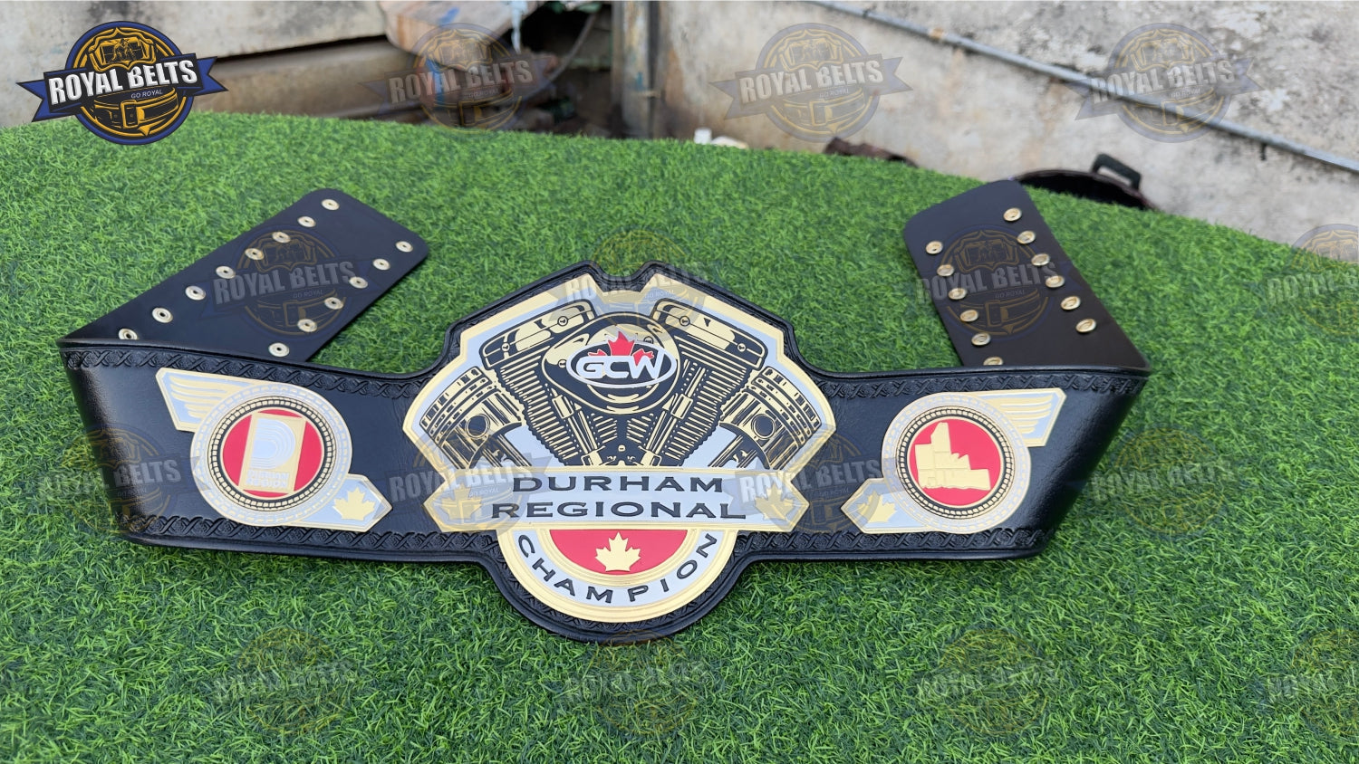 GCW Durham Regional wrestling title belt featuring polished gold plates, stitched leather backing, snap closure Crafted by Royal Belts