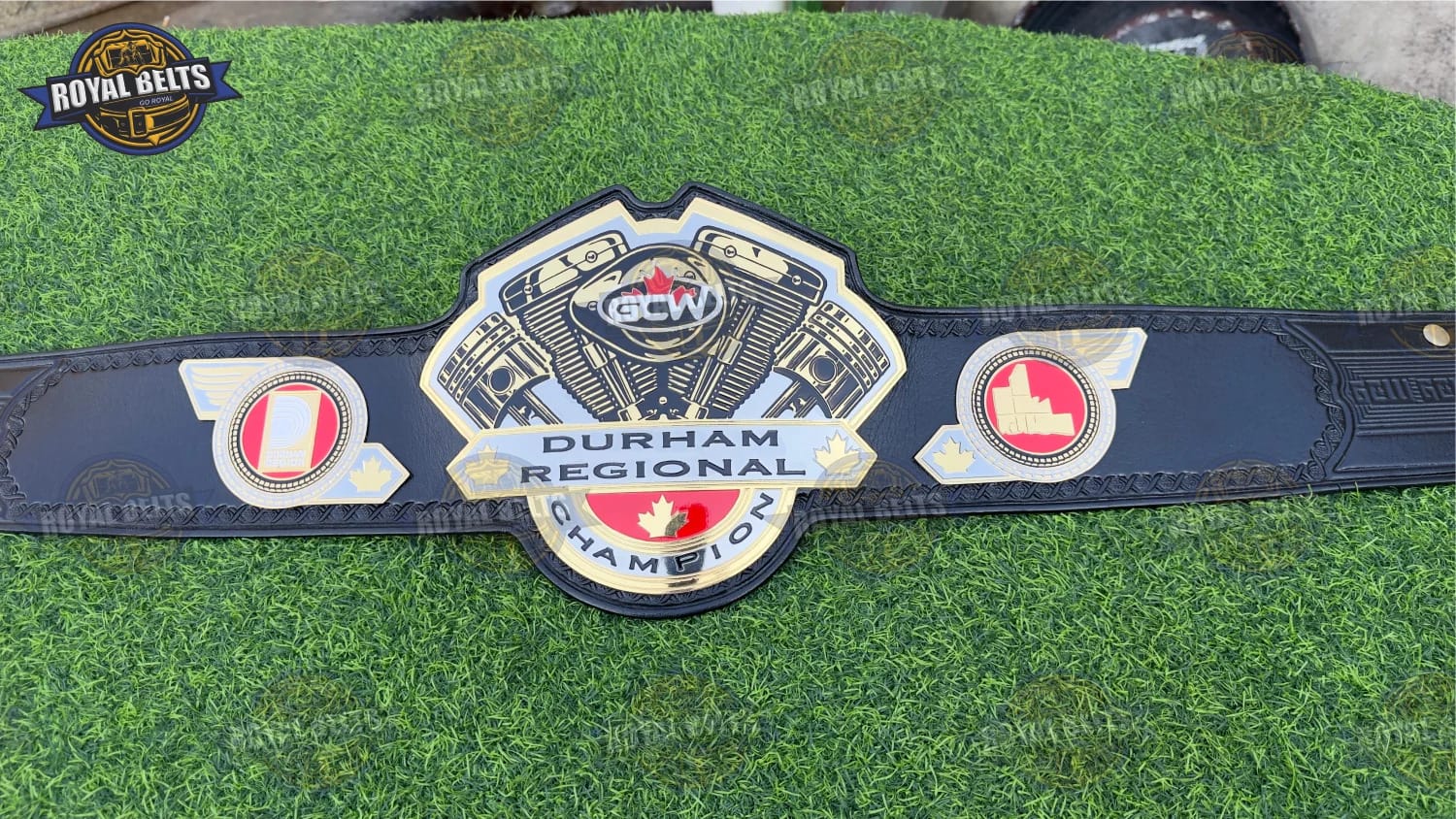 GCW Durham Regional championship belt with engraved center plate, dual plated metal, black leather strap Crafted by Royal Belts