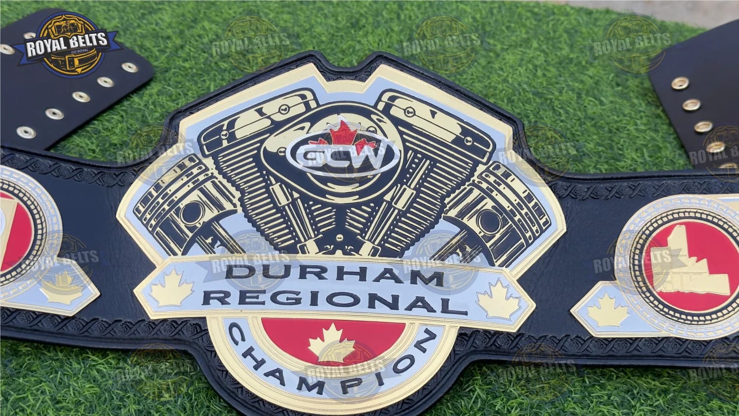 GCW Durham Regional championship belt with raised logo centerpiece, mirror finish metal, genuine leather Crafted by Royal Belts