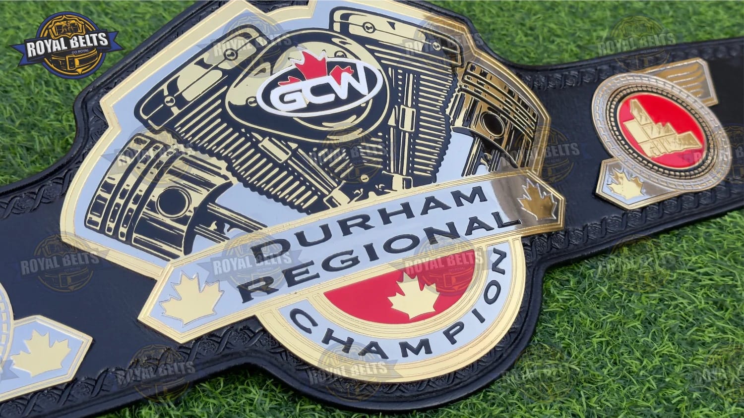 GCW Durham Regional title belt showcasing precision etched plates, premium gold metal, adjustable leather