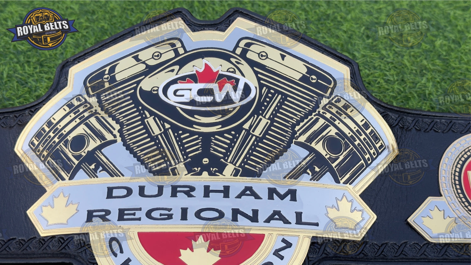 GCW Durham Regional championship title featuring ornate side plates, high gloss metal, reinforced leather