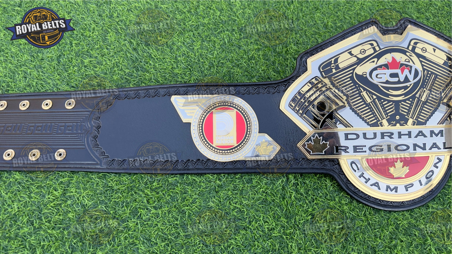 GCW Durham Regional championship belt featuring detailed etching, thick metal plates, stitched leather